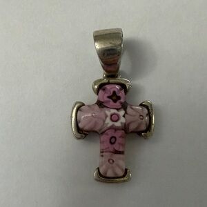 Vintage Alan K Jewelers Pink Floral Millefiori Cross Pendant Necklace